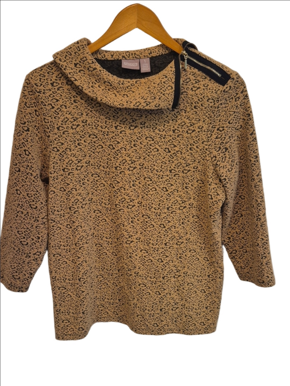 Chico's Tan and Black Leopard Zip-Collar Top Chico's Size 1
